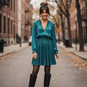 Anthropologie Current Air Pleated Mini Dress Smocked Waist Long Sleeve Teal Boho